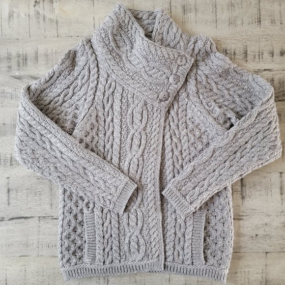 Aran Crafts Sweaters - Aran Crafts Soft Gray Merino Wool 3 Button Cross Over Neck Jacket Sweater Small